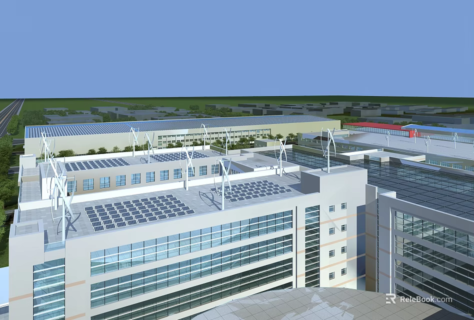 Modern Residential Building with Solar Panels and Wind Turbines on Roof and Glass Curtain Walls 3d model 