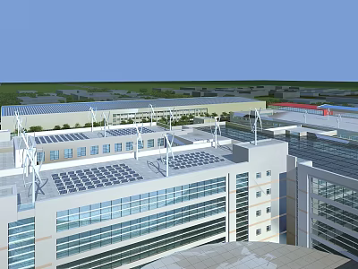 Modern Residential Building with Solar Panels and Wind Turbines on Roof and Glass Curtain Walls 3d model