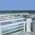 Modern Residential Building with Solar Panels and Wind Turbines on Roof and Glass Curtain Walls