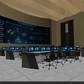 Modern Control Room Interior With Large Monitoring Screen Multiple Workstations And Office Chairs