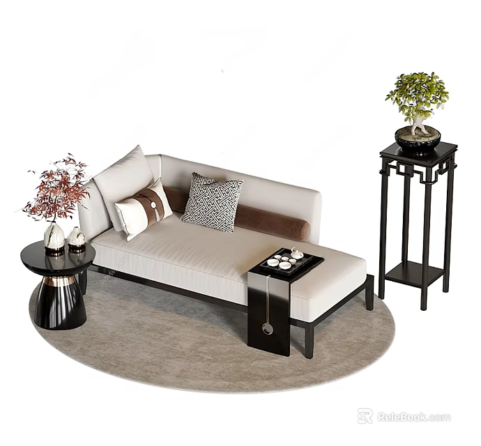 Modern Living Room Interior With Light Sofa Pillows Side Table Flowers And Green Plant 3d model 