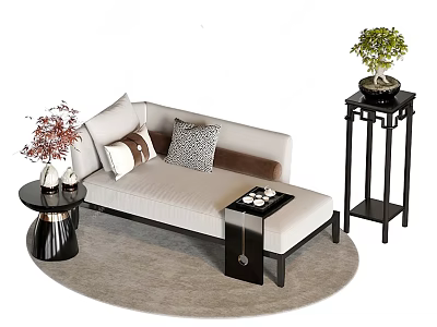 Modern Living Room Interior With Light Sofa Pillows Side Table Flowers And Green Plant 3d model