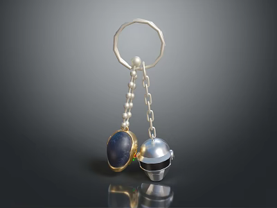 Stylish Fashion Accessory Keychain With Pearl Chain Blue Gemstone And Silver Helmet Pendants 3d model