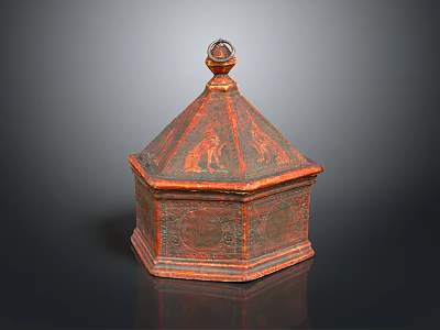 Octagonal Decorative Storage Box With Carved Patterns And Orange Copper Finish 3d model