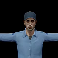Game Movie Character In Blue Shirt And Pants With Cap Arms Outstretched On Black Background