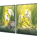 Vibrant Oil Painting of White Egrets Perched Among Green Reeds and Yellow Background