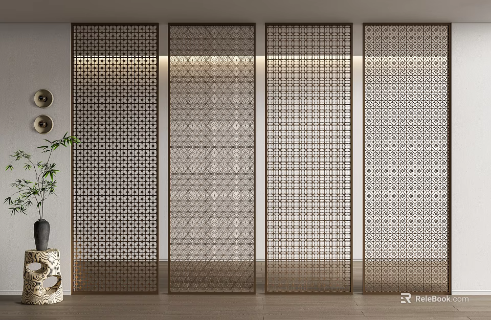 Modern Metal Room Divider With Perforated Grid Design For Interior Decor 3d model 