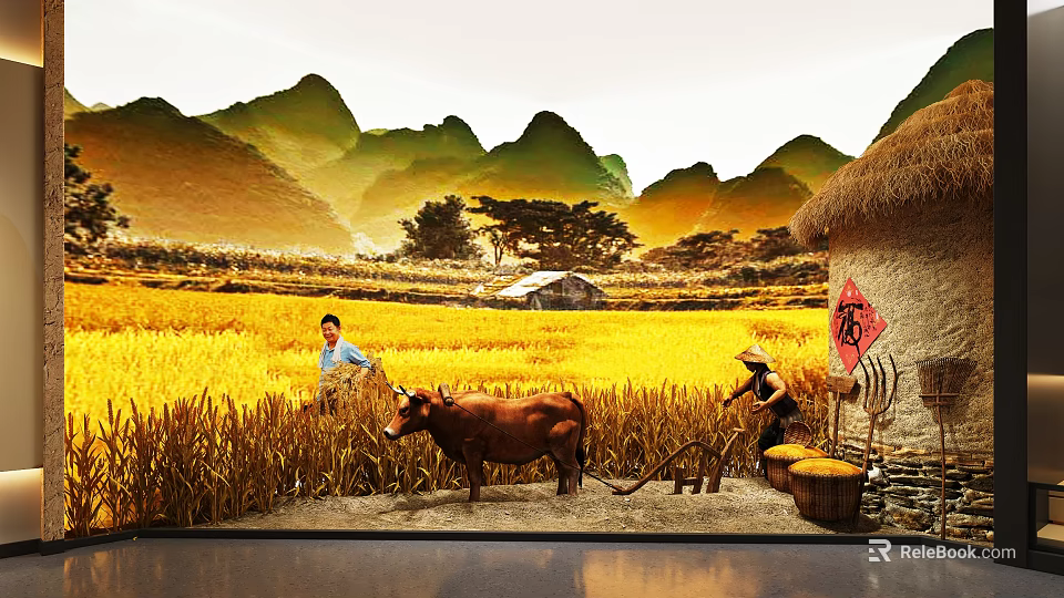 Agricultural Exhibition Hall Displaying Traditional Farming Scene with Rice Field Farmer and Ox 3d model 