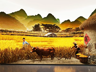 Agricultural Exhibition Hall Displaying Traditional Farming Scene with Rice Field Farmer and Ox 3d model