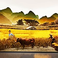 Agricultural Exhibition Hall Displaying Traditional Farming Scene with Rice Field Farmer and Ox