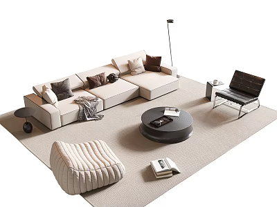 Modern Beige L shaped Sofa And Coffee Table Set With Cushions Ottoman And Floor Lamp 3d model