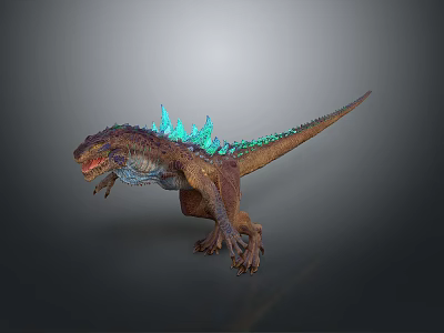 Fantasy Mythical Dinosaur With Blue Glowing Spines Brown Purple Body Open Mouth 3d model