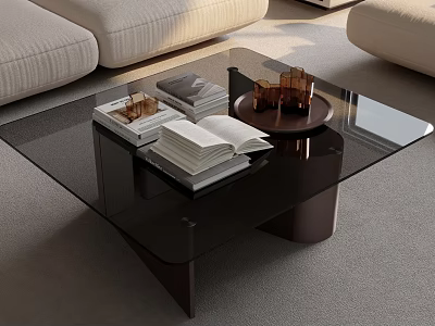 Modern Glass Top Coffee Table With Dark Base Open Book And Decorative Tray 3d model