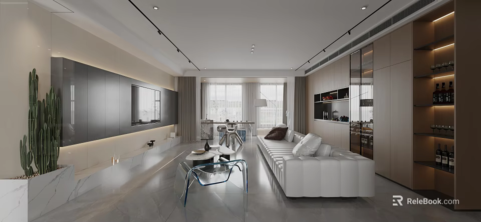 Modern Living And Dining Room Interior With White Sofa Glass Coffee Table And TV Wall 3d model 