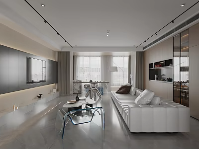 Modern Living And Dining Room Interior With White Sofa Glass Coffee Table And TV Wall 3d model
