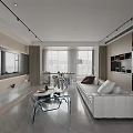 Modern Living And Dining Room Interior With White Sofa Glass Coffee Table And TV Wall