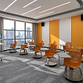 Modern School Classroom With Orange Chairs Interactive Screen And Open Layout