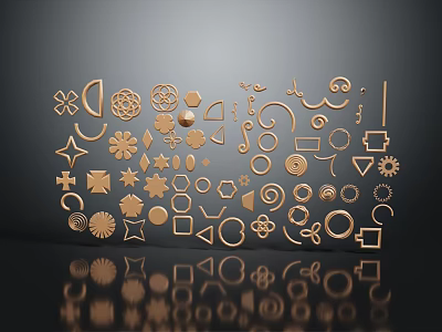 Golden Decorative Carvings with Various Shapes and Reflections on Dark Background 3d model
