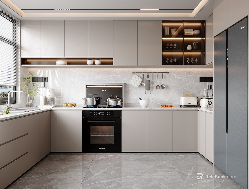 Modern Kitchen Interior With Gray Cabinets Marble Countertops Black Oven Lighting Strips And Appliances 3d model 