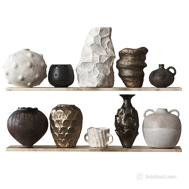 Ceramic Vessels With Various Shapes Textures And Colors Displayed On Wooden Shelves 3d model 