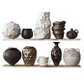 Ceramic Vessels With Various Shapes Textures And Colors Displayed On Wooden Shelves