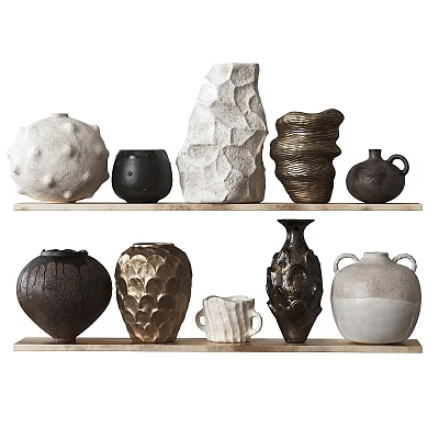 Ceramic Vessels With Various Shapes Textures And Colors Displayed On Wooden Shelves 3d model