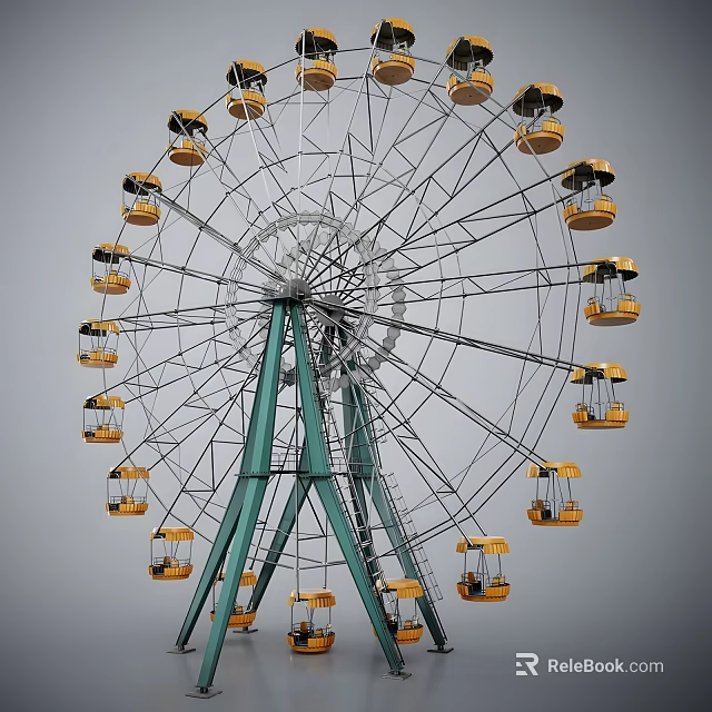 Outdoor Amusement Ferris Wheel Featuring Yellow Cabins And Green Metal Supports Structure 3d model 