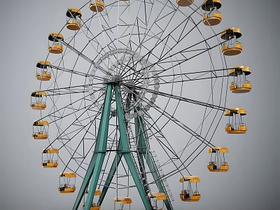 Outdoor Amusement Ferris Wheel Featuring Yellow Cabins And Green Metal Supports Structure 3d model