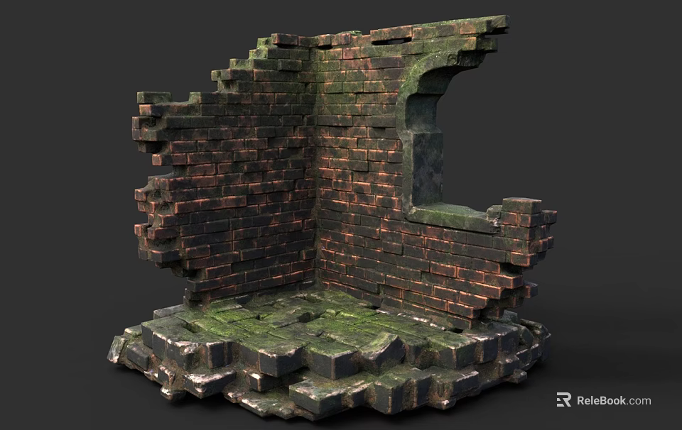 Broken Brick Wall Corner Structure With Reddish Brown Bricks And Green Moss Covered Damaged Base 3d model