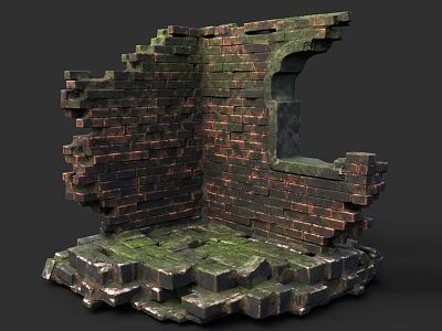 Broken Brick Wall Corner Structure With Reddish Brown Bricks And Green Moss Covered Damaged Base 3d model