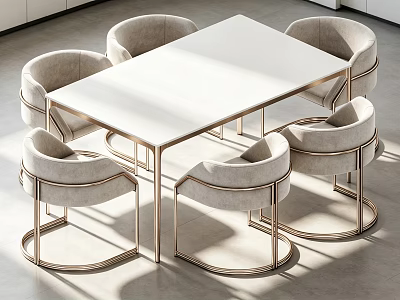Modern Dining Table Set With White Tabletop And Gold Metal Frame Light Gray Upholstered Chairs 3d model