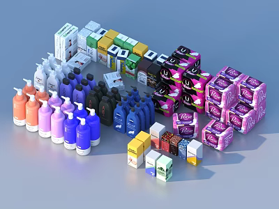 Colorful Daily Life Products With Assorted Bottles And Packaging Boxes For Home 3d model