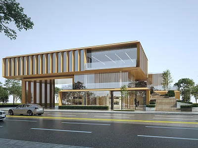 Modern Office Building With Wooden Slat Facade Glass Curtain Walls And Greenery By Road 3d model