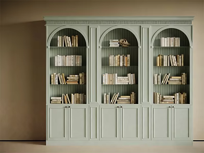 Light Green Bookcase With Arched Compartments Filled With Books And Base Cabinets 3d model
