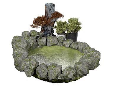 Garden Ornament Featuring Stone Enclosed Pond With Tree Stump Decoration And Green Plants 3d model