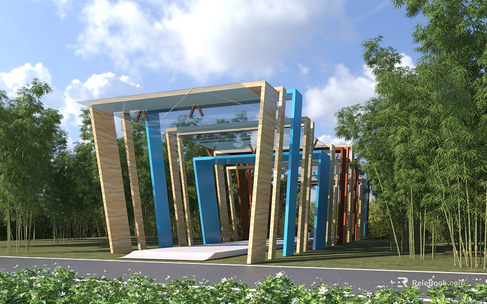 Modern Outdoor Architectural Structure With Glass And Wooden Frames Against Blue Sky And Green Trees 3d model 