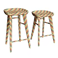 Two Brown Wooden Stools With Modern Design And Natural Wood Finish