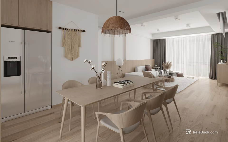 Minimalist Dining Living Room With Light Wood Table Chairs And Pendant Light 3d model 