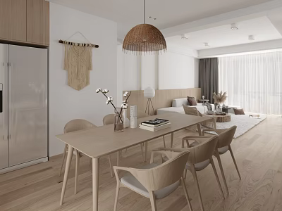 Minimalist Dining Living Room With Light Wood Table Chairs And Pendant Light 3d model