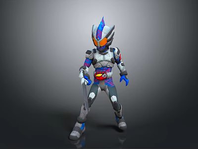 Detailed Futuristic Armored Character with Blue Red Gray Armor in Standing Pose 3d model