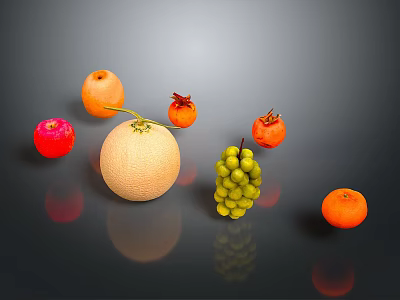 Fresh Colorful Fruit Variety Display With Honeydew Grapes Pomegranates Oranges And Apples 3d model