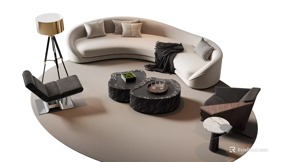Modern Beige Curved Sofa And Coffee Table Set With Pillows Throw Blanket Black Stone Tables 3d model 