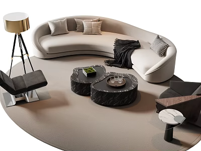 Modern Beige Curved Sofa And Coffee Table Set With Pillows Throw Blanket Black Stone Tables 3d model