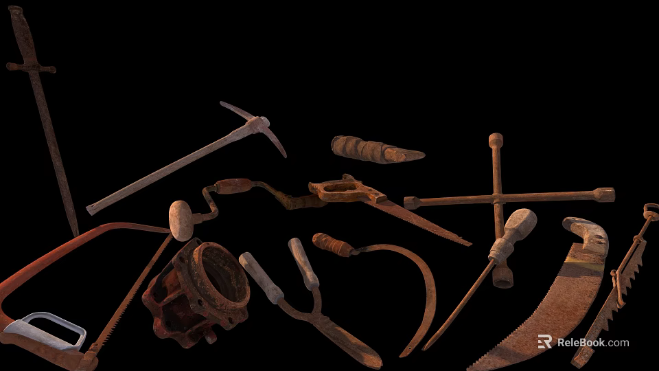 Vintage Rusty Hand Tools Collection With Hammer Sickle Fork And Saw 3d model 