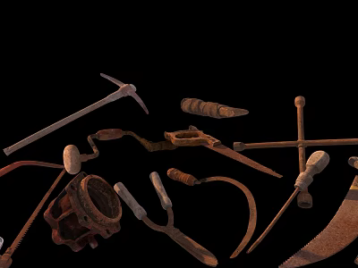 Vintage Rusty Hand Tools Collection With Hammer Sickle Fork And Saw 3d model
