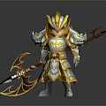 The Man Warrior In Golden Silver Armor With Decorated Helmet And Spear