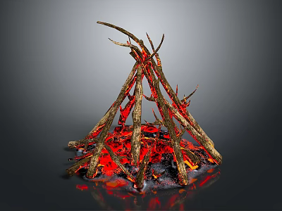 Burning Campfire With Stacked Wood Logs And Stone Base Glowing Flames 3d model