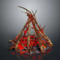 Burning Campfire With Stacked Wood Logs And Stone Base Glowing Flames