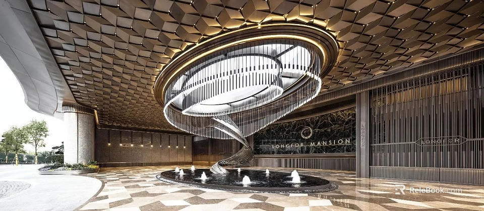 Luxurious Front Desk Reception in London Lansdale Lobby With Grand Chandelier Fountain And Marble Floor 3d model 