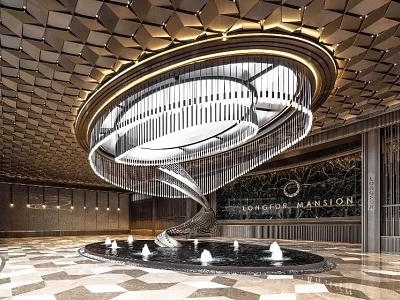 Luxurious Front Desk Reception in London Lansdale Lobby With Grand Chandelier Fountain And Marble Floor 3d model
